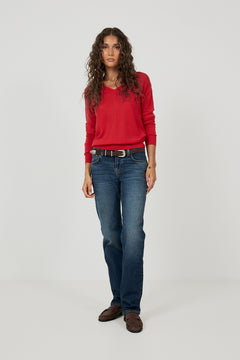 Cassandra Merino Wool V-Neck - Bright Red