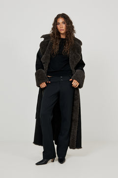 Terry Faux Shearling Maxi Coat - Black/Grey