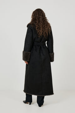 Terry Faux Shearling Maxi Coat - Black/Grey