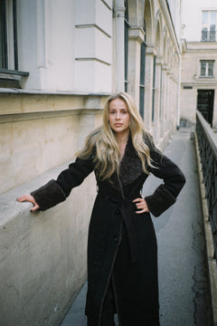 Terry Faux Shearling Maxi Coat - Black/Grey