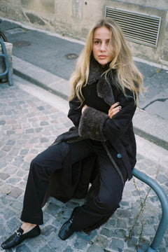 Terry Faux Shearling Maxi Coat - Black/Grey