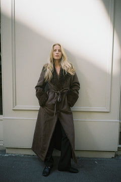 Terry Faux Shearling Maxi Coat - Brown/Khaki