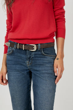 Beau Suede Leather Belt - Dk.brown W/shiny Silver