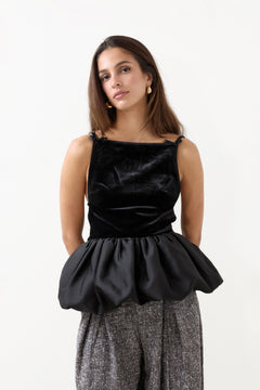 Black Velvet Bubble Hem Top - Black