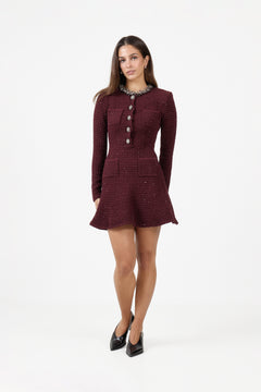 Burgundy Textured Knit Embellished Mini Dress - Burgundy