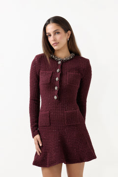 Burgundy Textured Knit Embellished Mini Dress - Burgundy