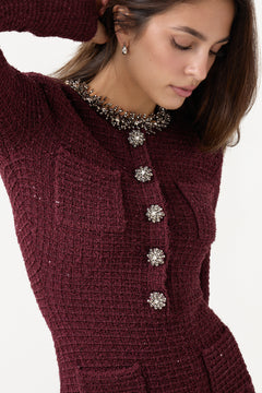 Burgundy Textured Knit Embellished Mini Dress - Burgundy