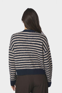 Isana Stripe Fluffy Knit Cardigan - Navy Striped