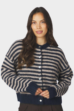 Isana Stripe Fluffy Knit Cardigan - Navy Striped