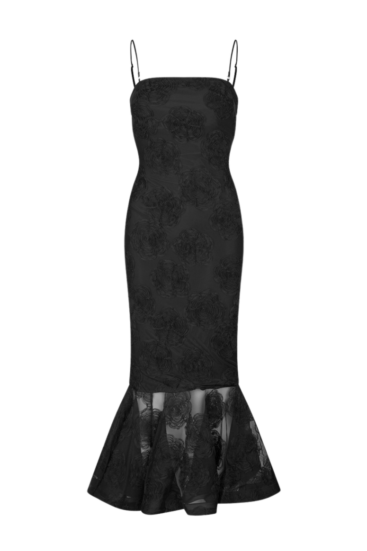 Flower Mesh Flounce Dress - Black