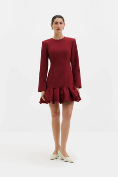 Elona Voluminous Skirt Knitted Mini Dress - Ruby