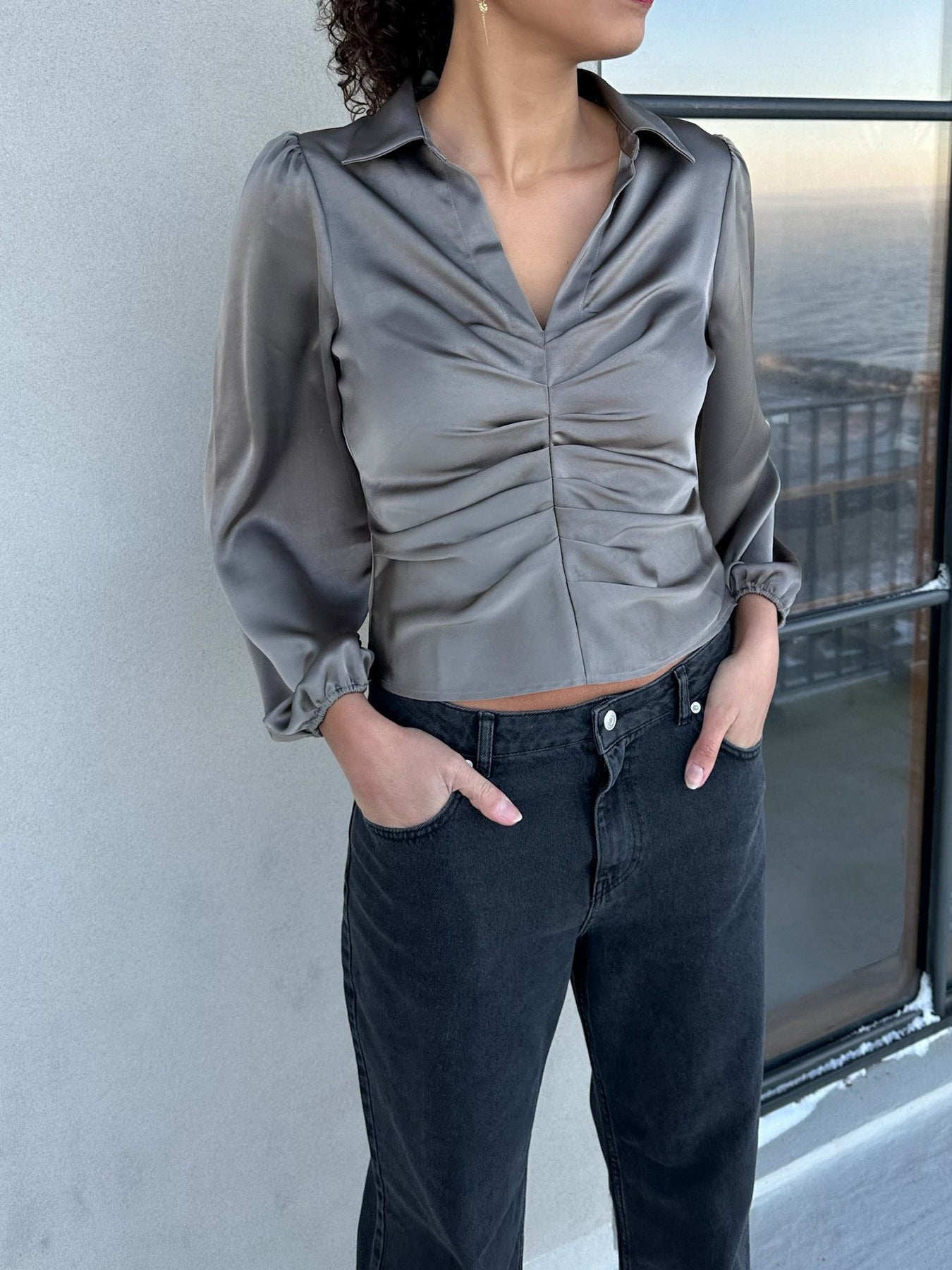 Mille Heavy Sateen Blouse - Warm Grey