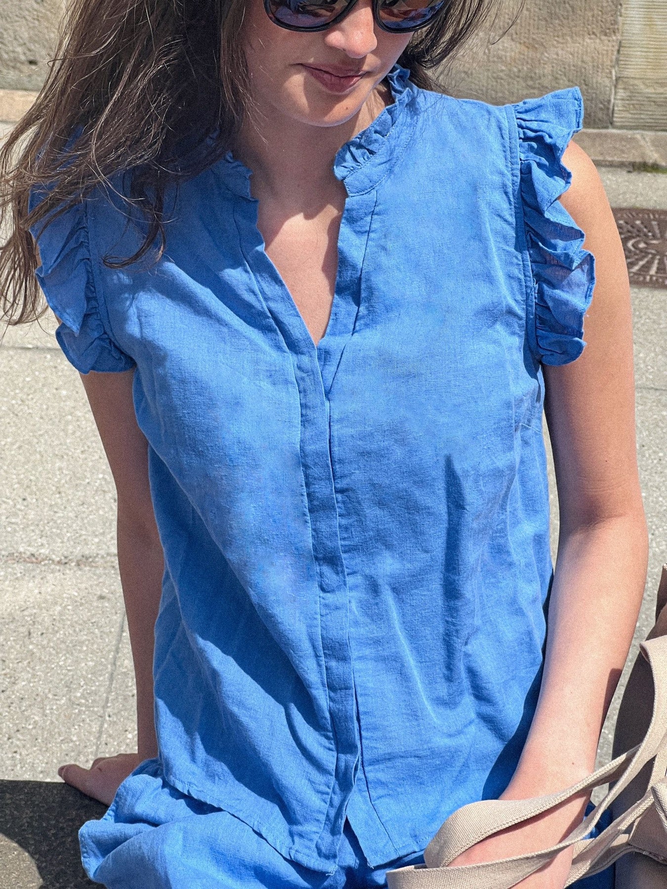 Siona Linen Top - Dusty Blue