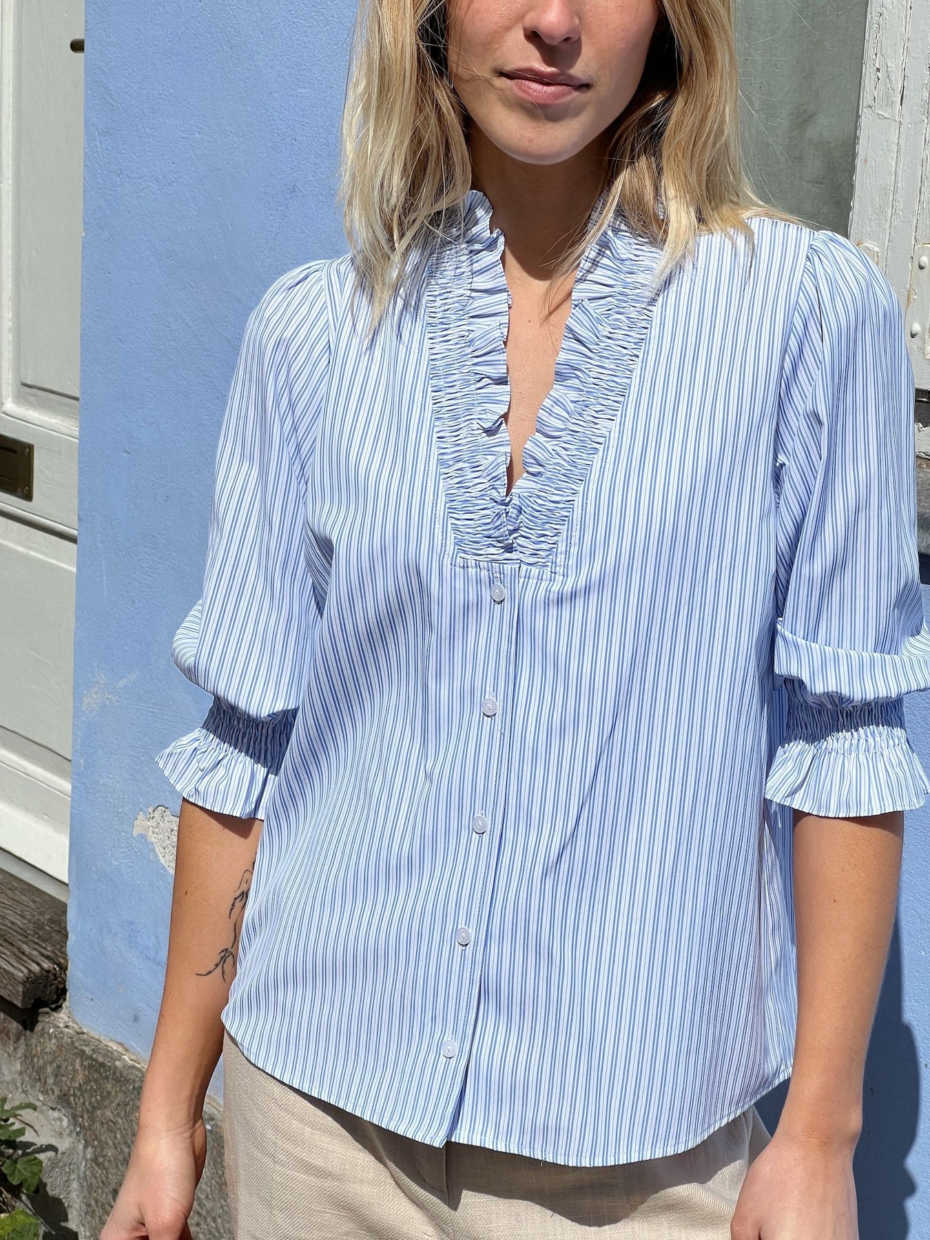Briony Mix Stripe Blouse - Light Blue