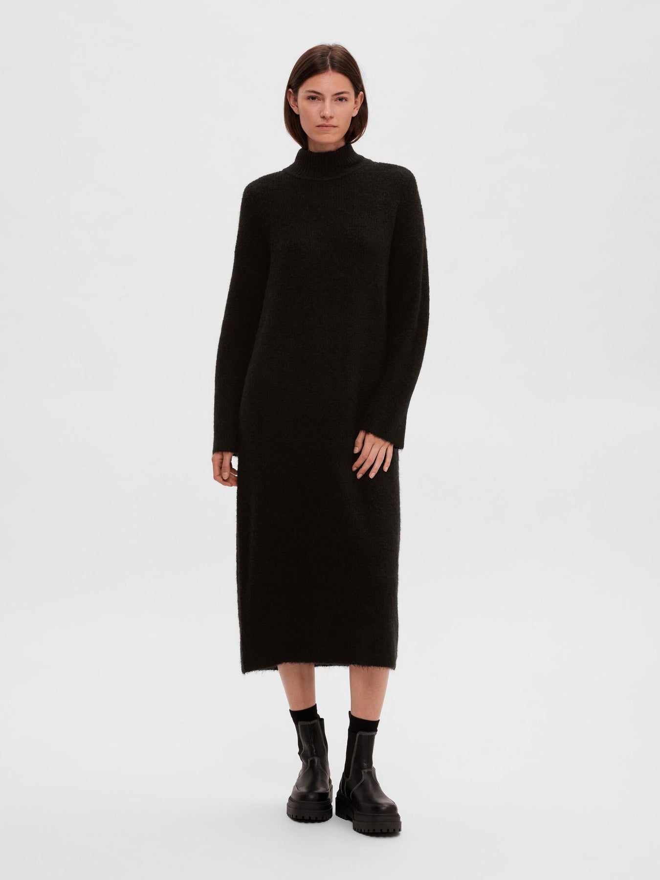Maline LS Knit Dress High Neck - Black