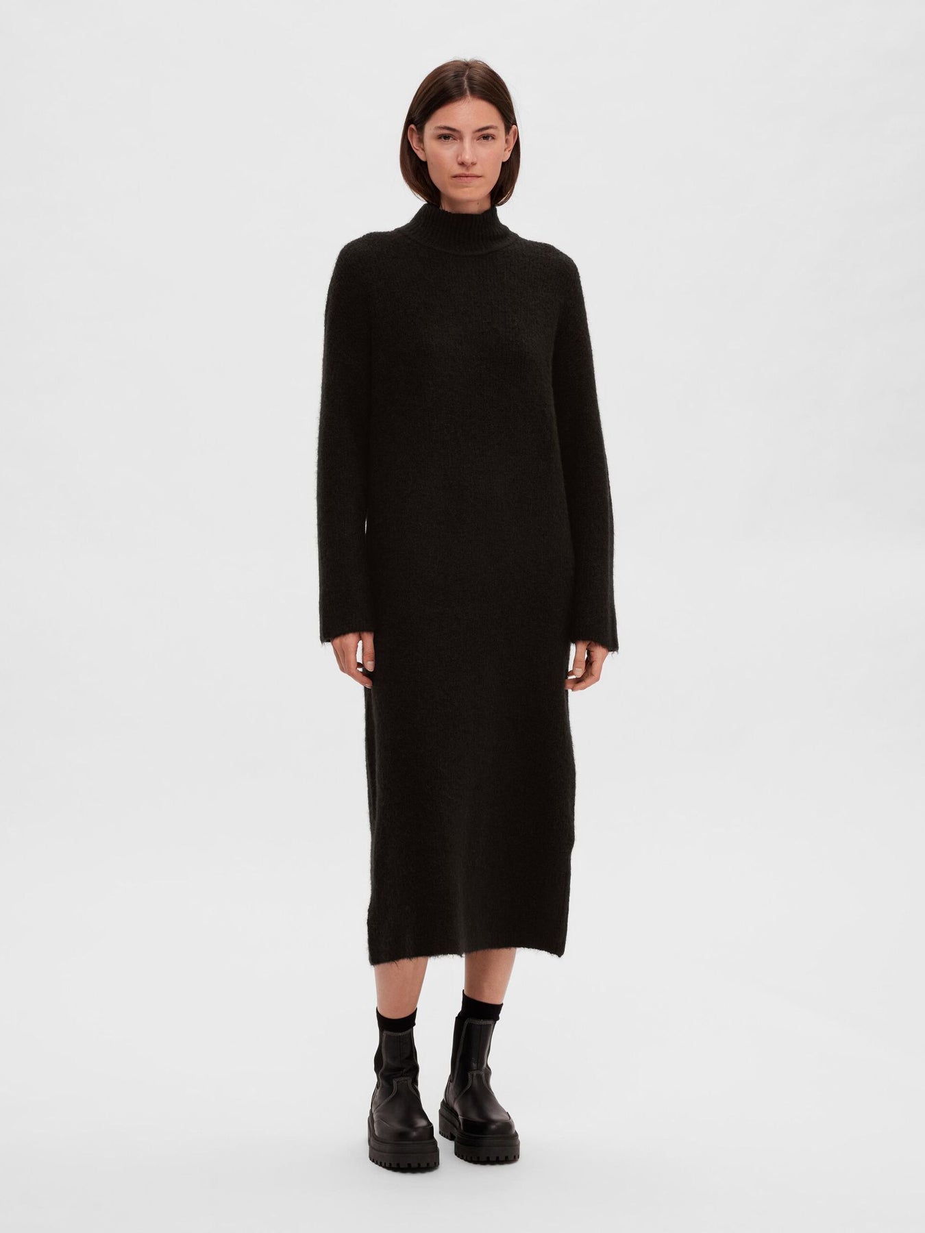 Maline LS Knit Dress High Neck - Black