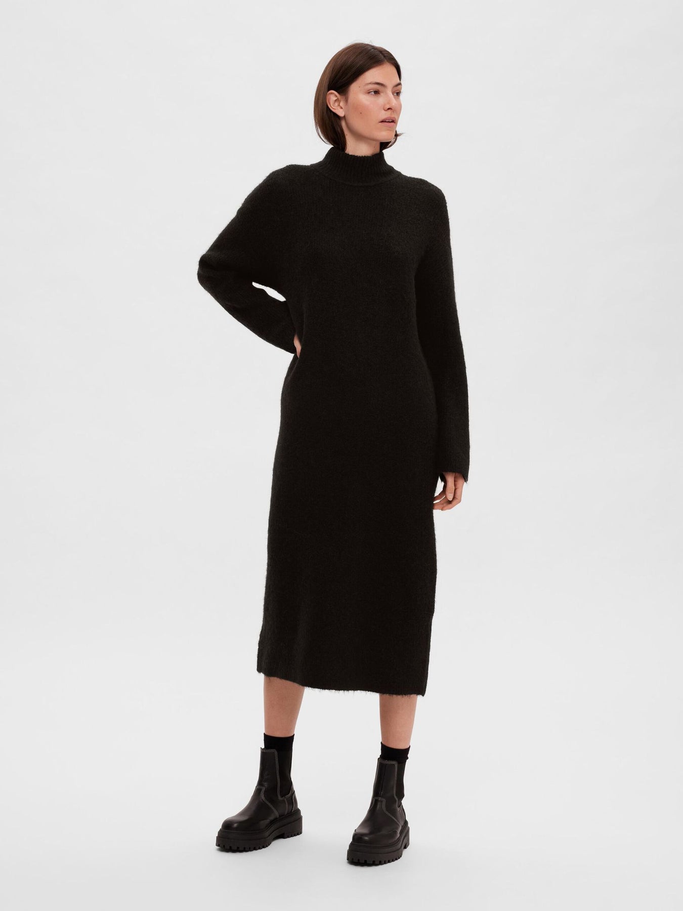 Maline LS Knit Dress High Neck - Black