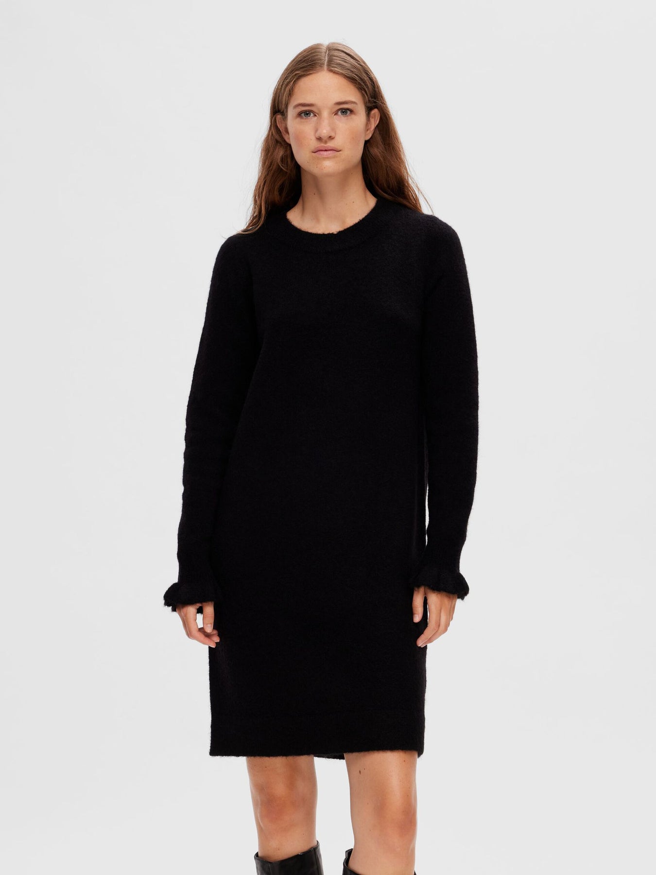 Sia Ras Frill LS Knit Dress - Black