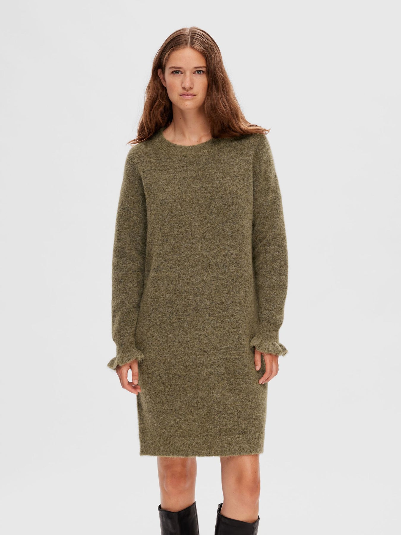 Sia Ras Frill LS Knit Dress - Dusky Green Melange