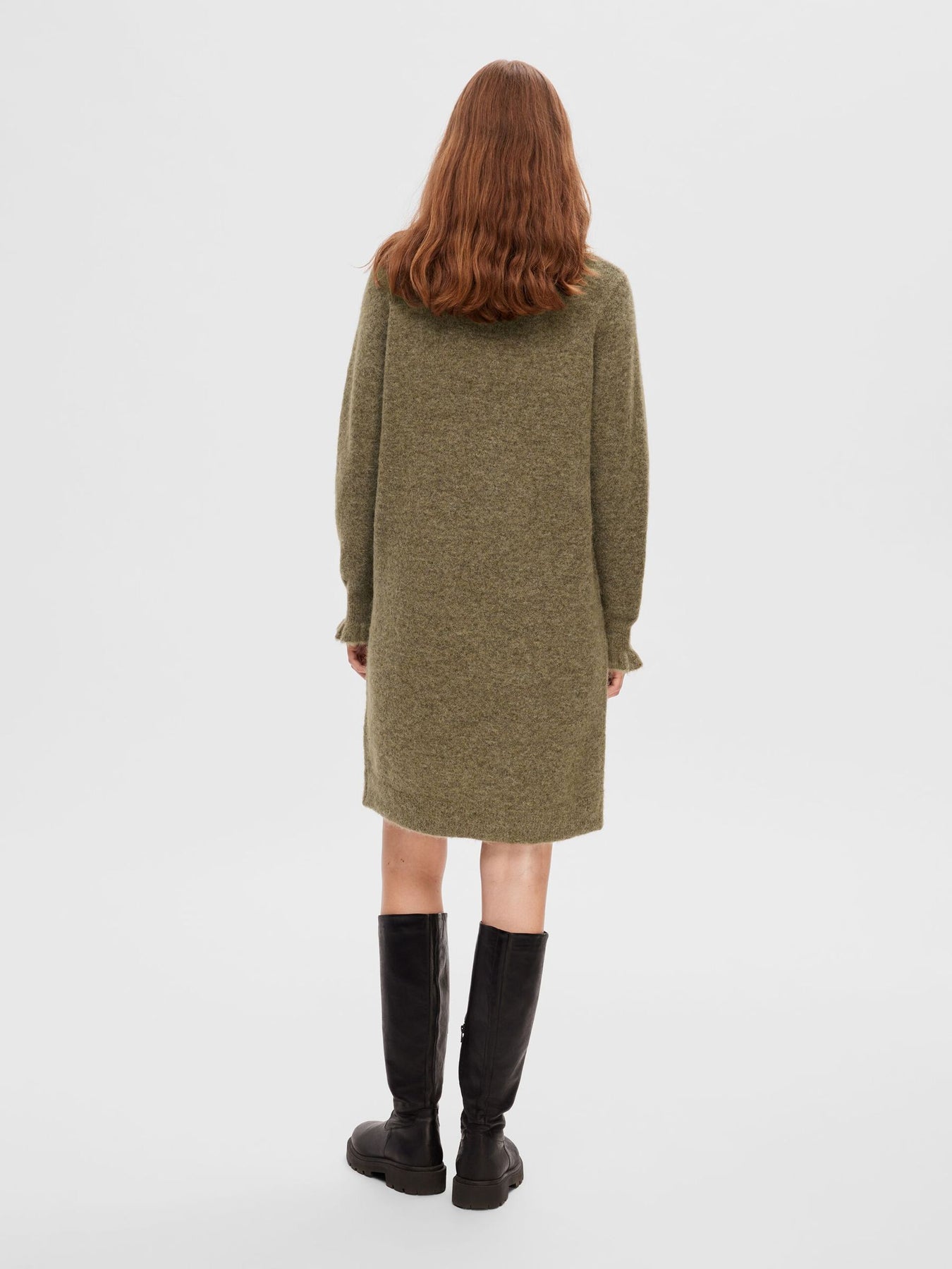 Sia Ras Frill LS Knit Dress - Dusky Green Melange
