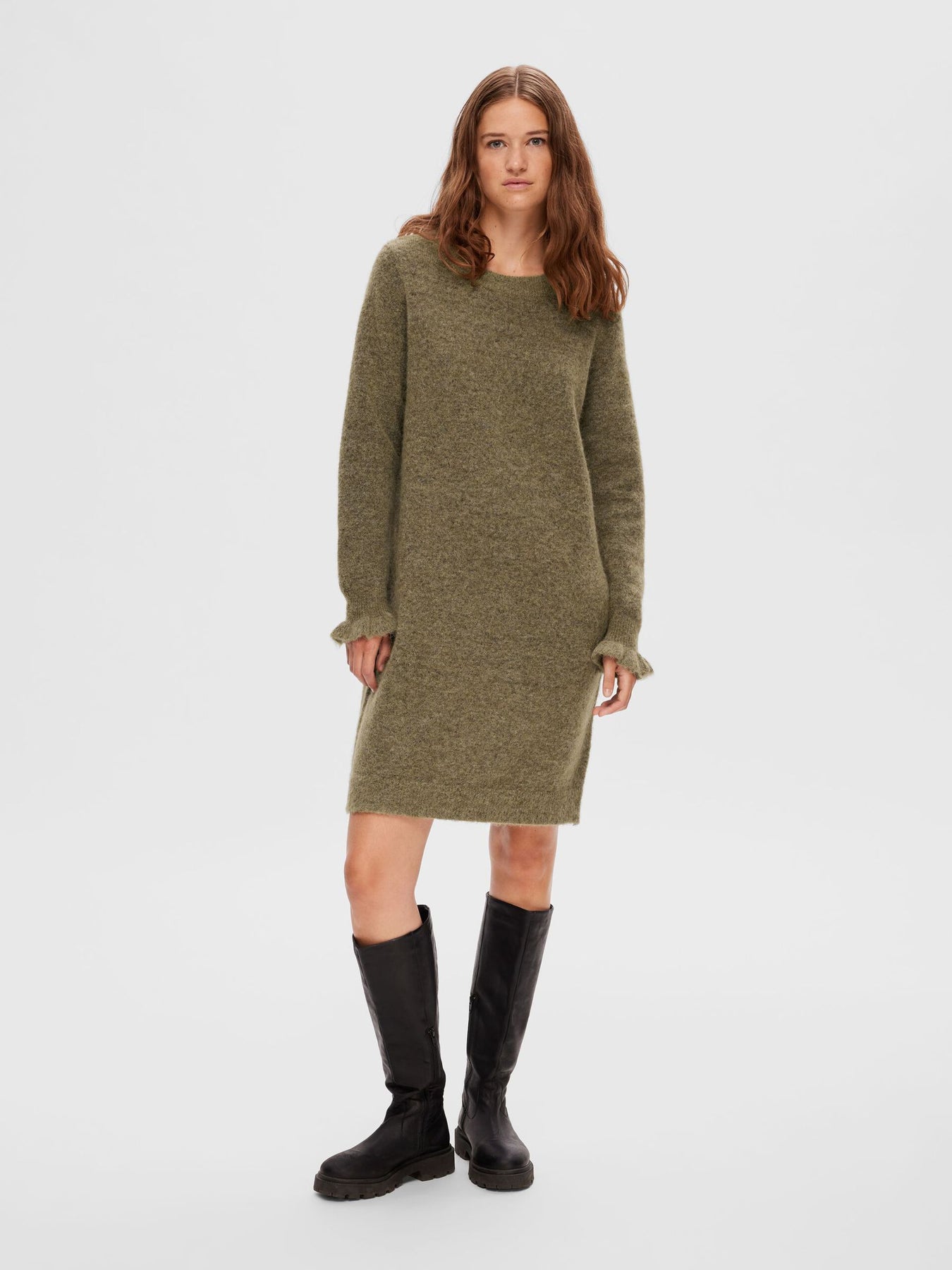 Sia Ras Frill LS Knit Dress - Dusky Green Melange