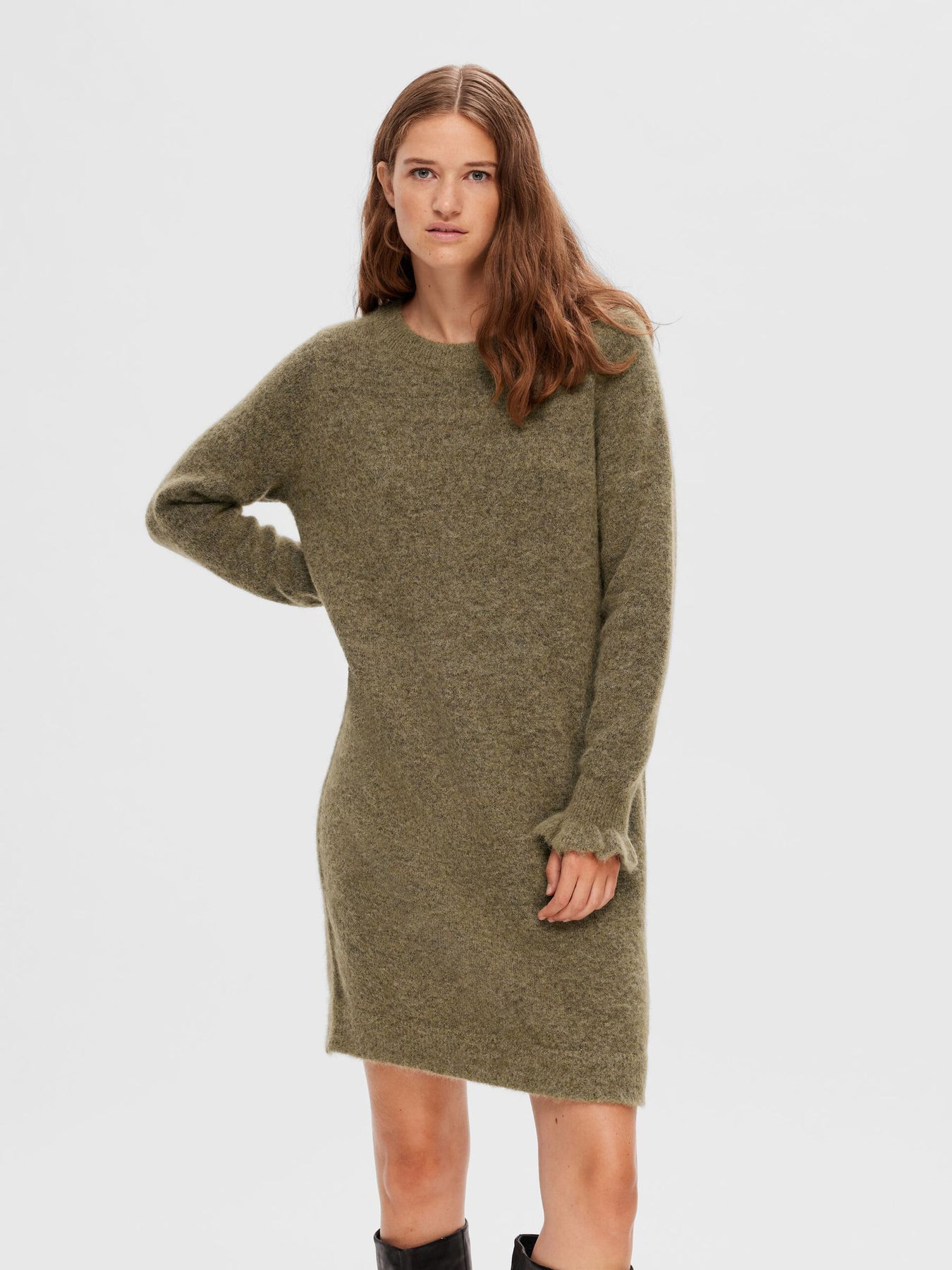 Sia Ras Frill LS Knit Dress - Dusky Green Melange