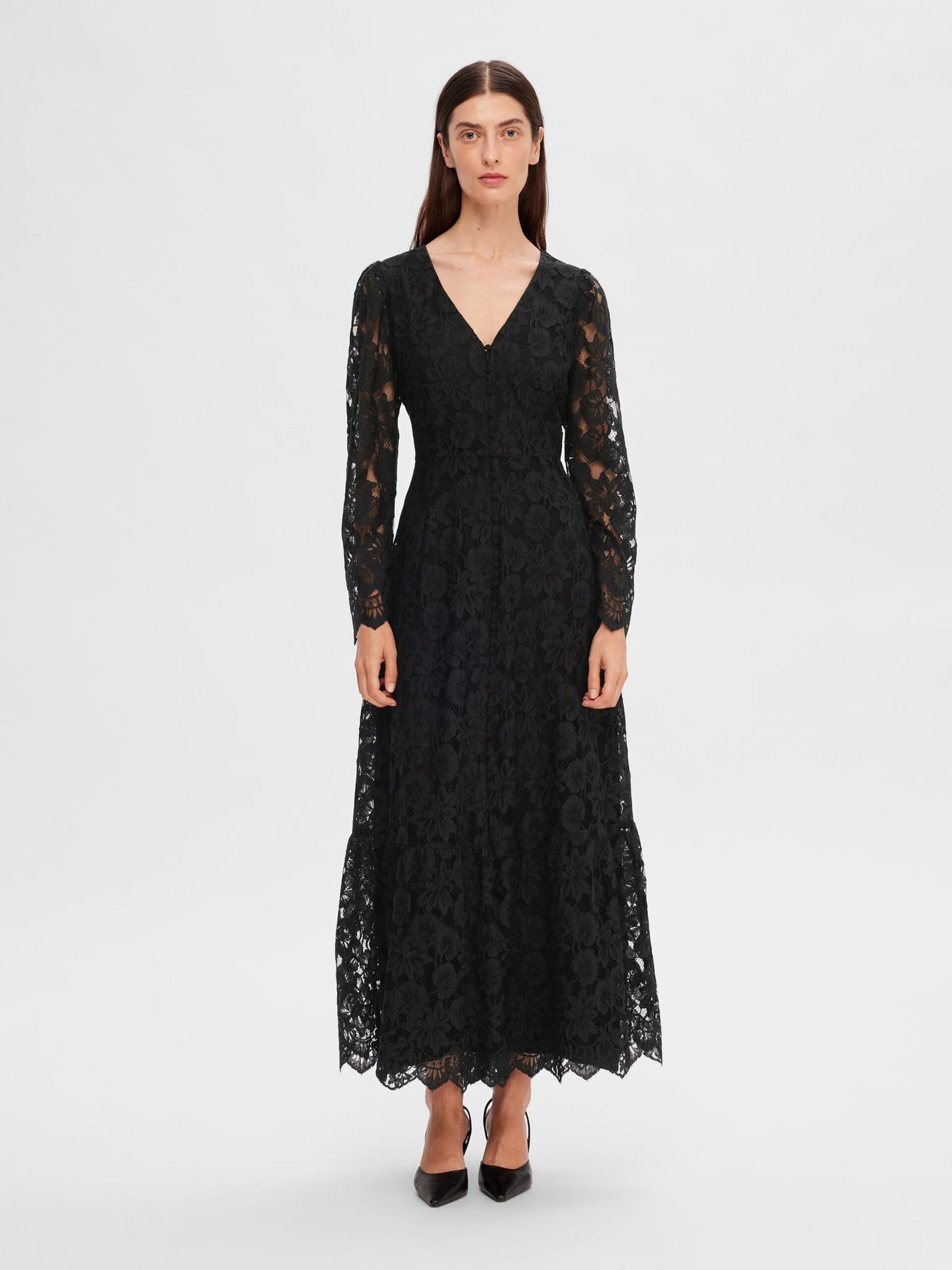 Tara LS Ankle Lace Dress B - Black