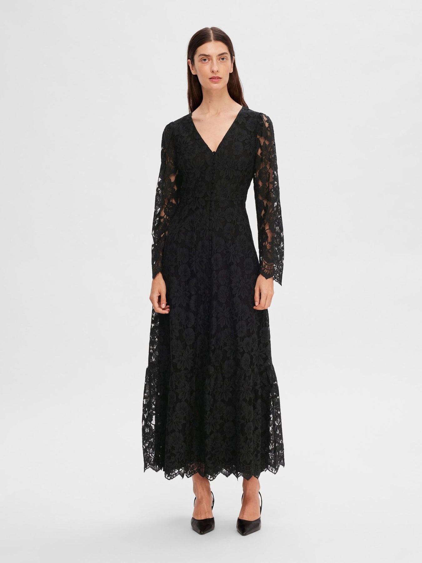 Tara LS Ankle Lace Dress B - Black