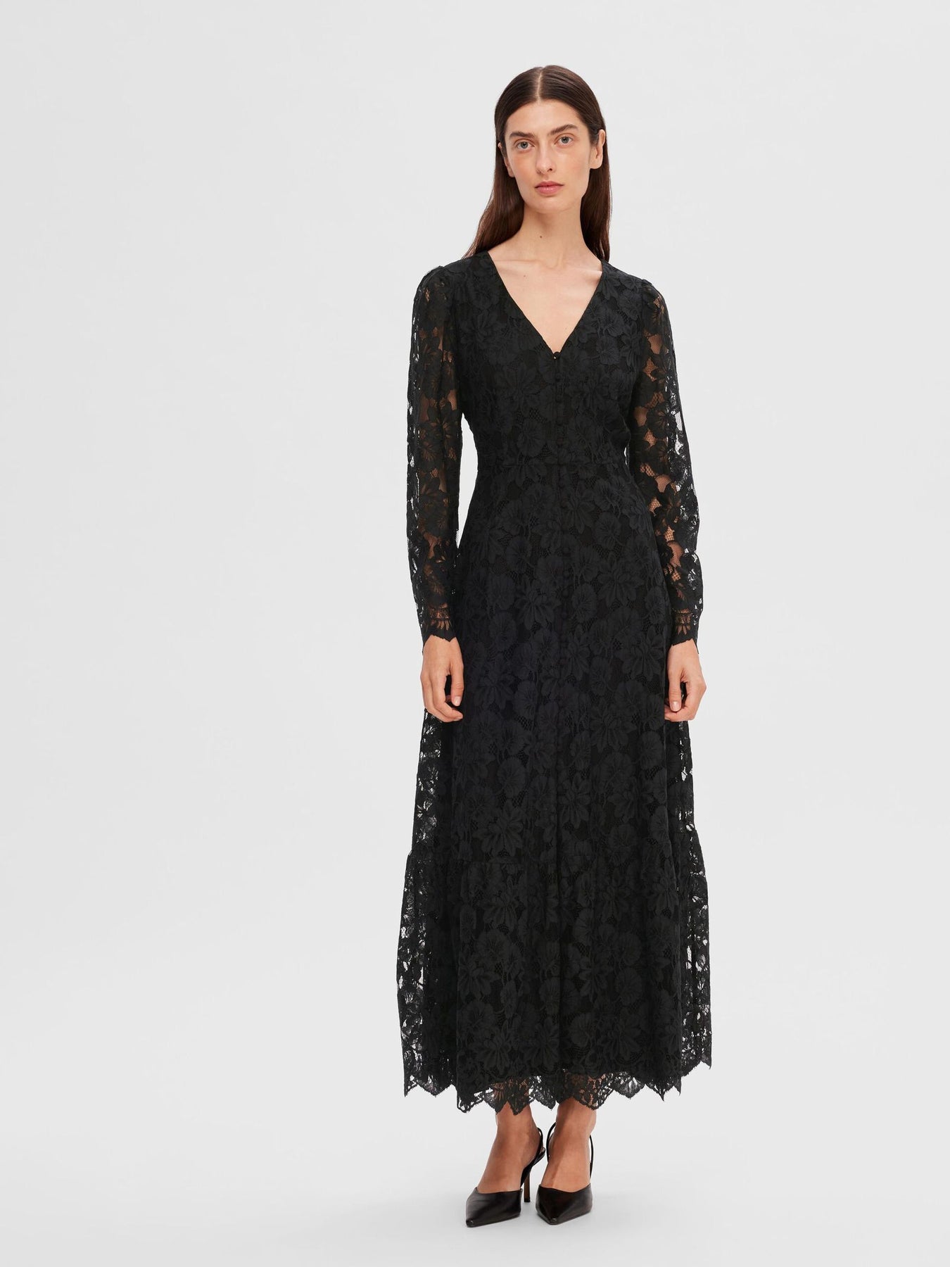 Tara LS Ankle Lace Dress B - Black