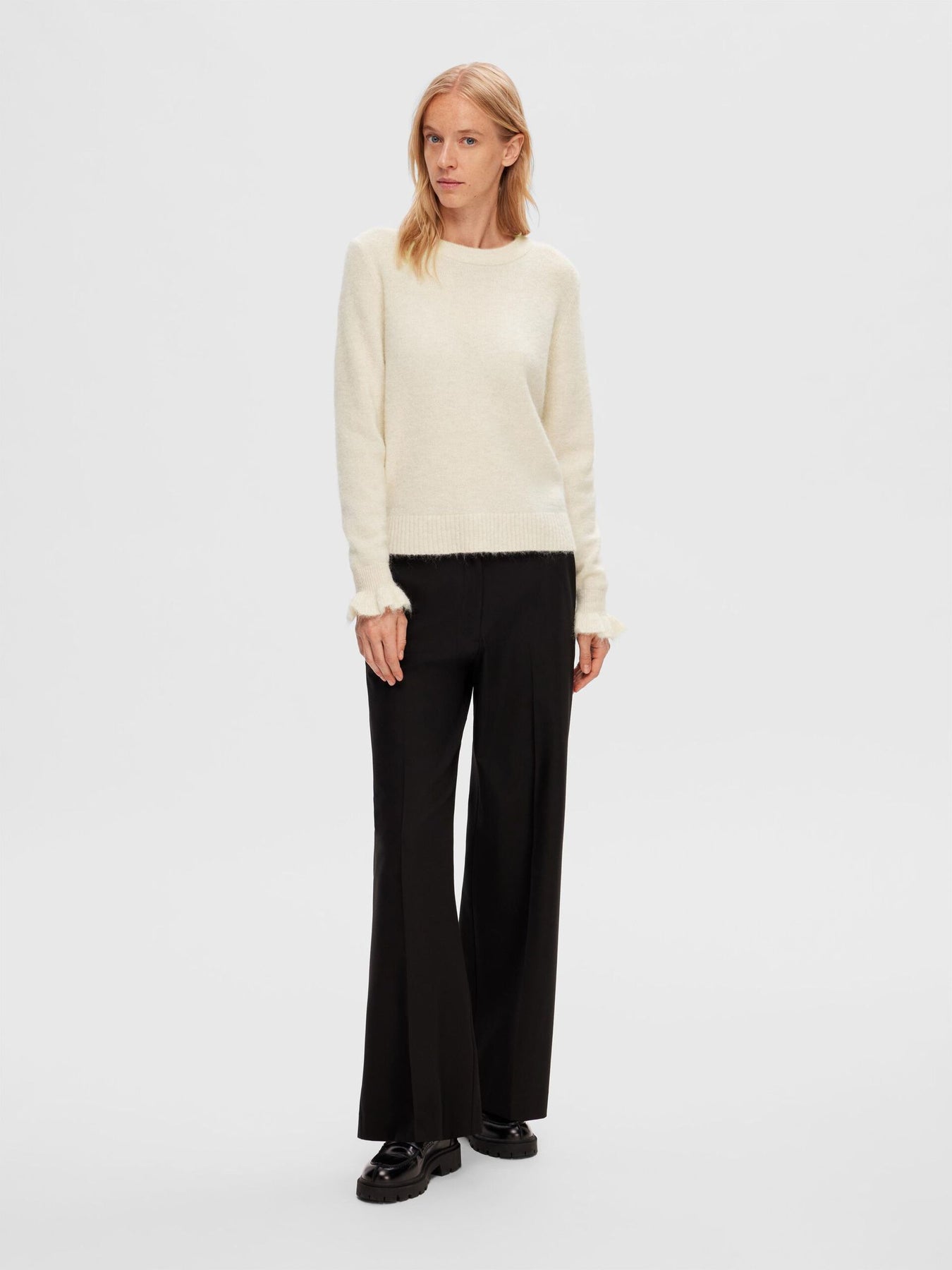 Sia Ras LS Knit Frill Cuff O-Neck B - Birch Melange