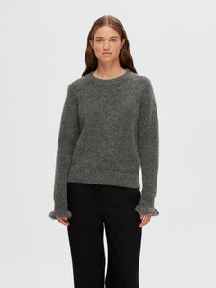 Sia Ras LS Knit Frill Cuff O-Neck B - Medium Grey Melange
