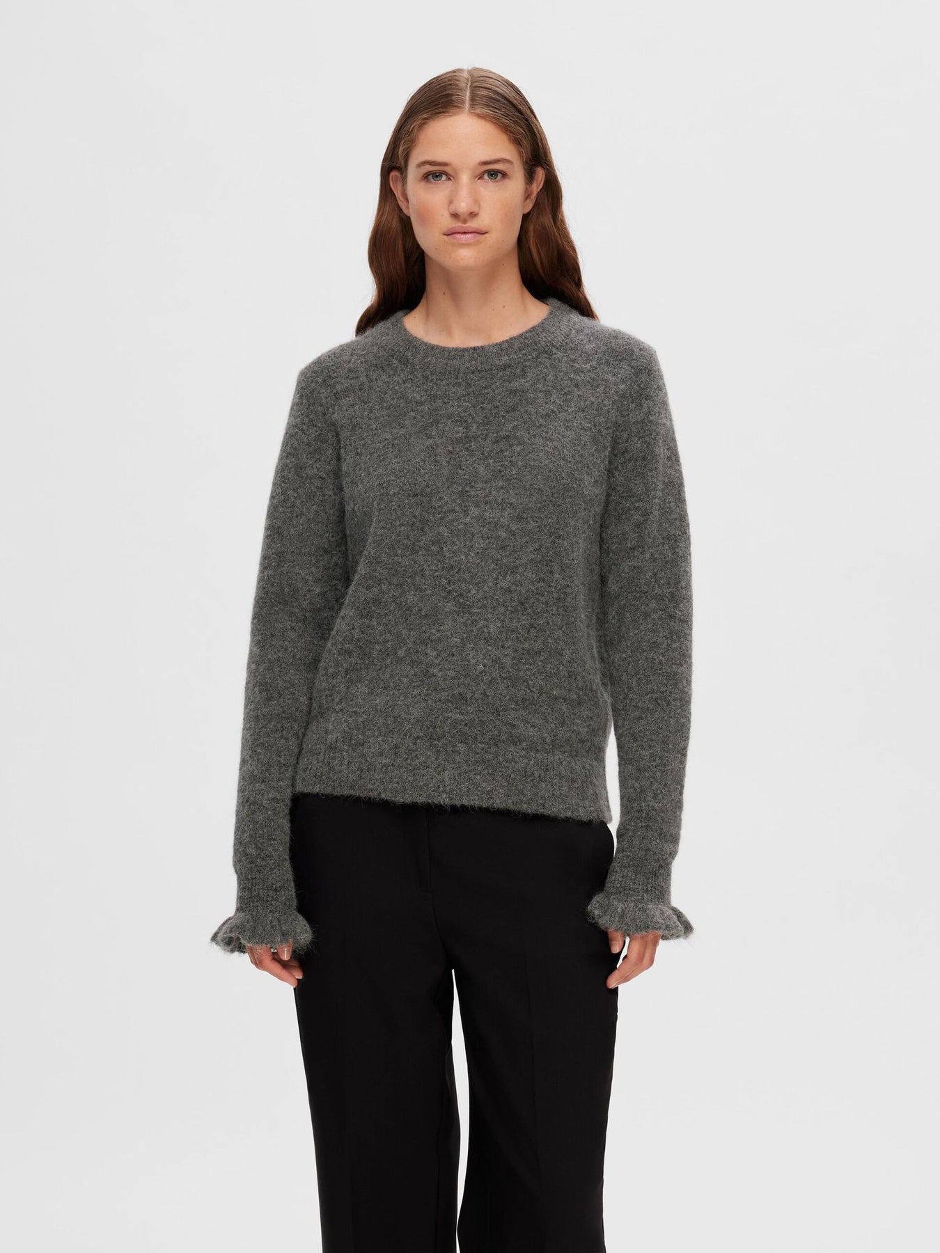 Sia Ras LS Knit Frill Cuff O-Neck B - Medium Grey Melange