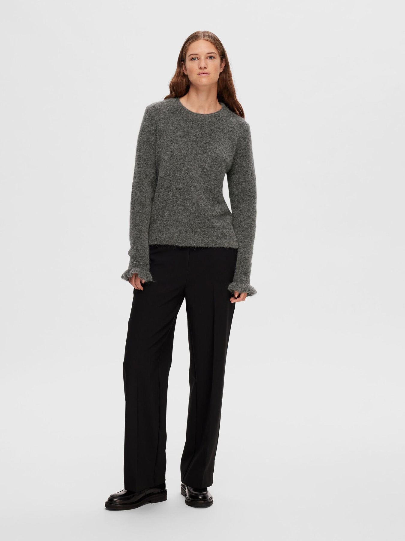 Sia Ras LS Knit Frill Cuff O-Neck B - Medium Grey Melange
