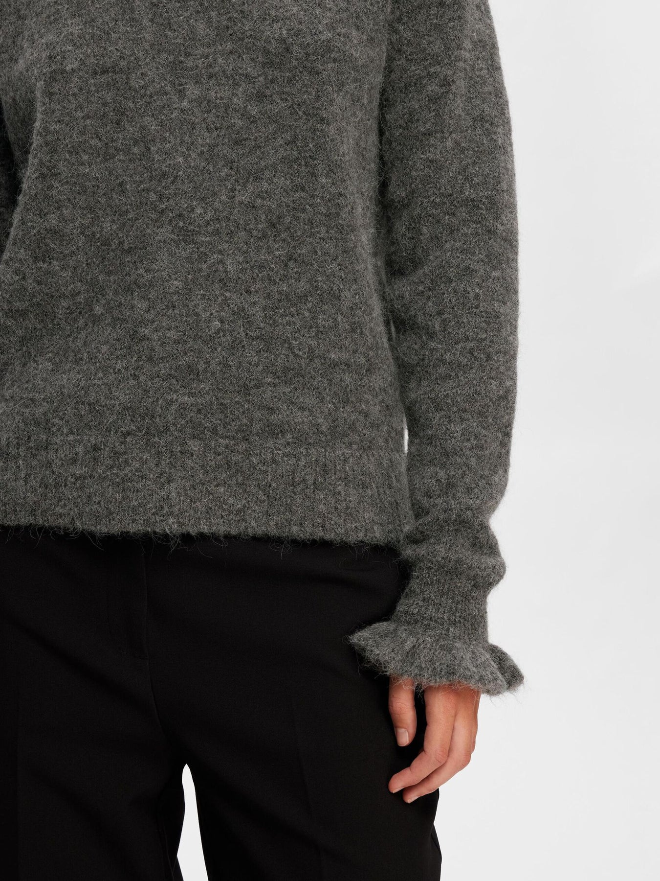 Sia Ras LS Knit Frill Cuff O-Neck B - Medium Grey Melange