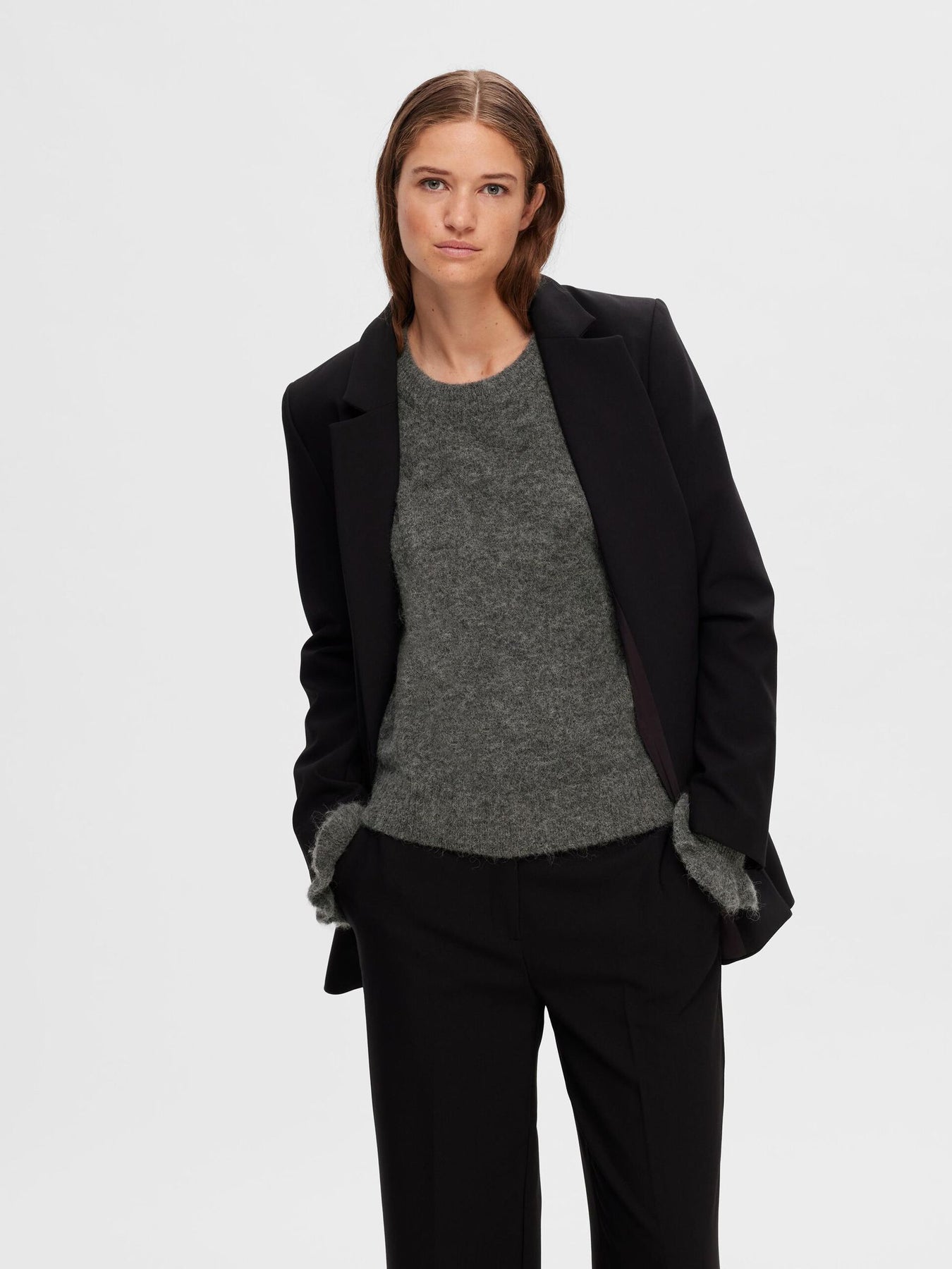 Sia Ras LS Knit Frill Cuff O-Neck B - Medium Grey Melange