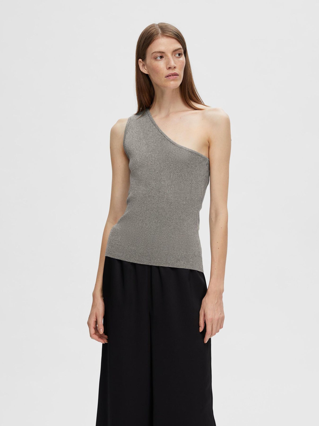 Lura Lurex One Shoulder Knit Top - Medium Grey Melange Lurex
