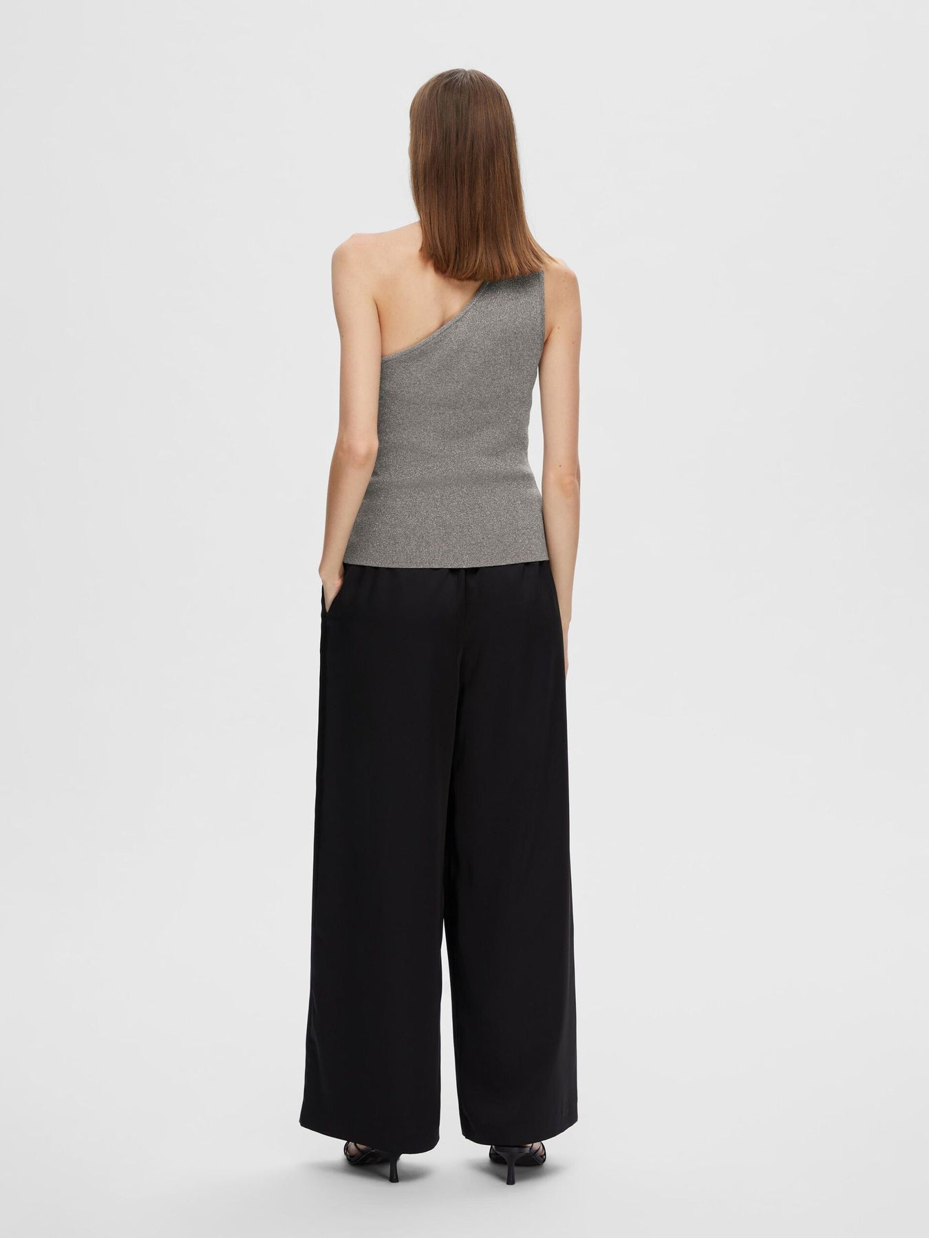 Lura Lurex One Shoulder Knit Top - Medium Grey Melange Lurex