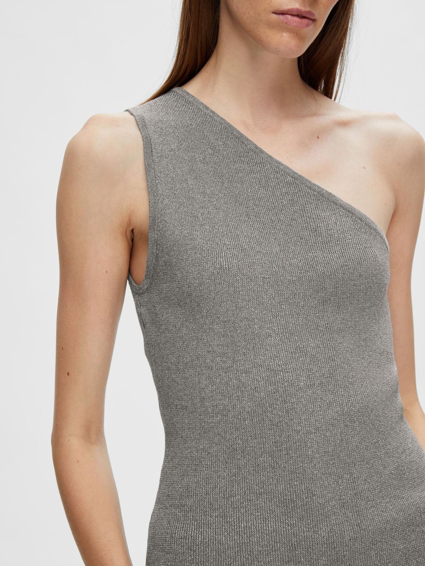 Lura Lurex One Shoulder Knit Top - Medium Grey Melange Lurex