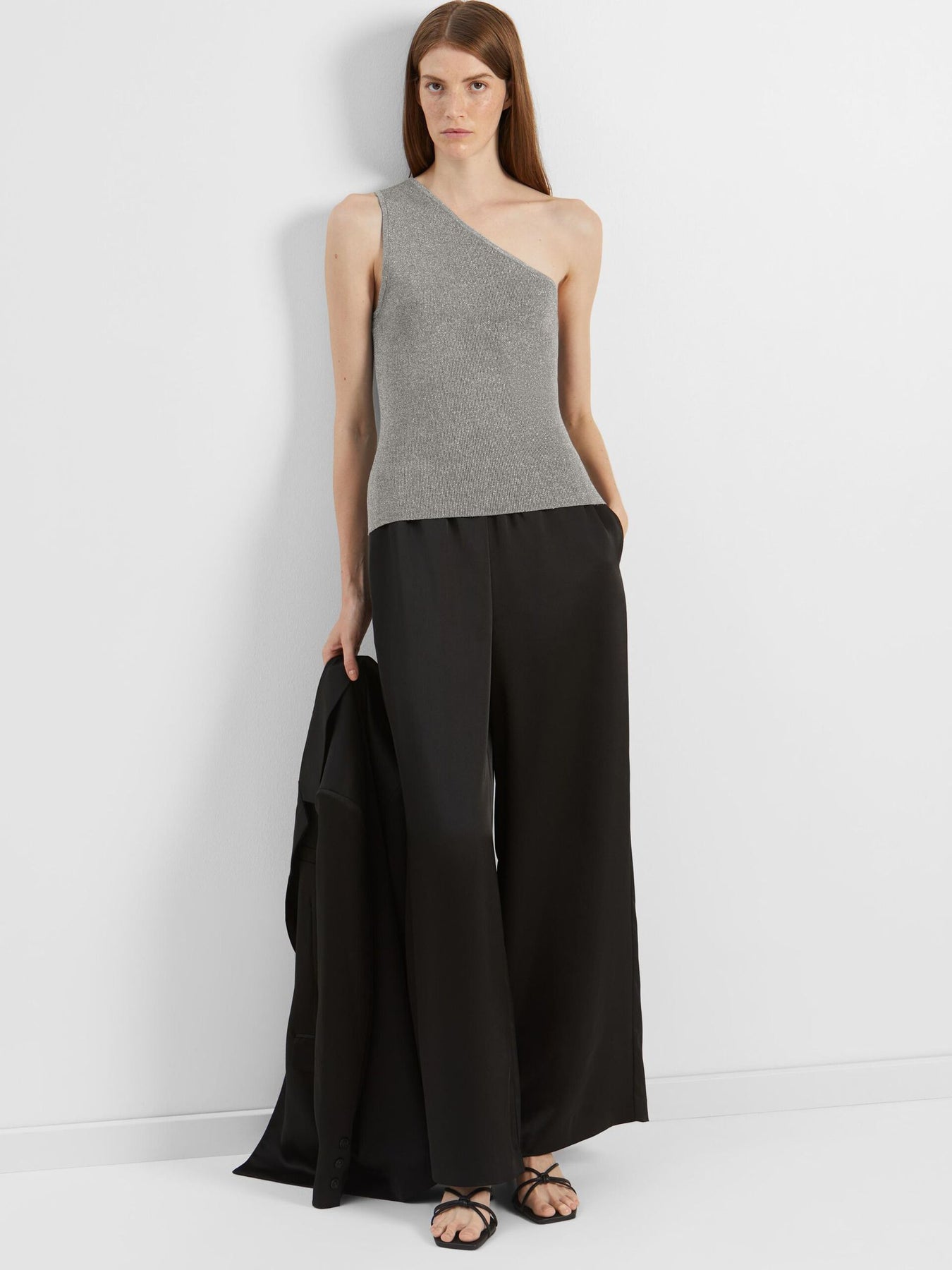 Lura Lurex One Shoulder Knit Top - Medium Grey Melange Lurex