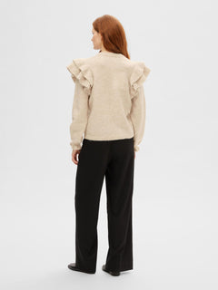 Lulu Ls Knit Shoulder Frills O-Neck - Birch Melange
