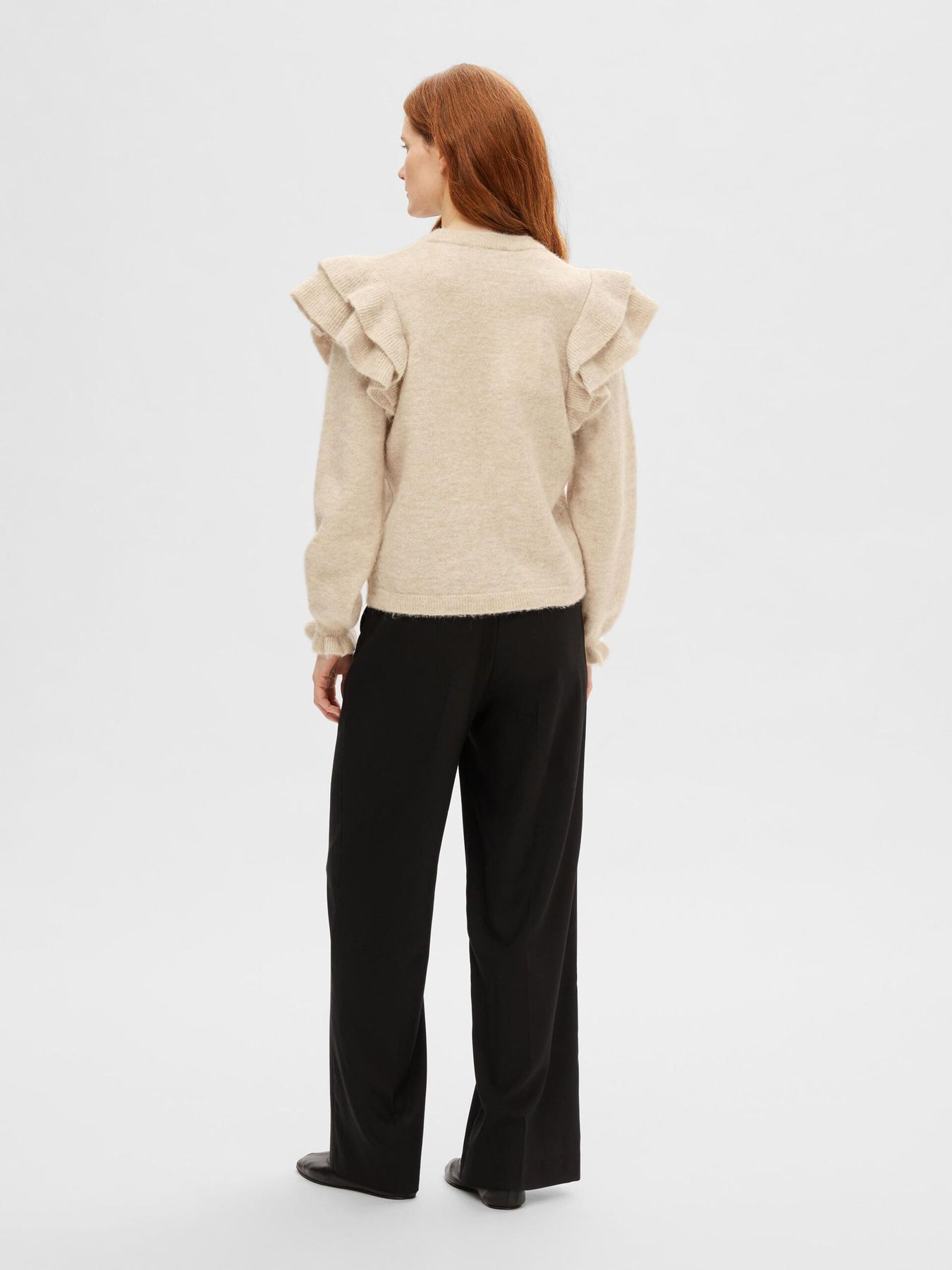Lulu Ls Knit Shoulder Frills O-Neck - Birch Melange