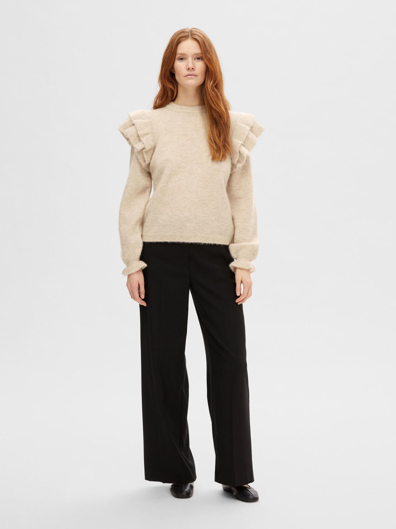 Lulu Ls Knit Shoulder Frills O-Neck - Birch Melange