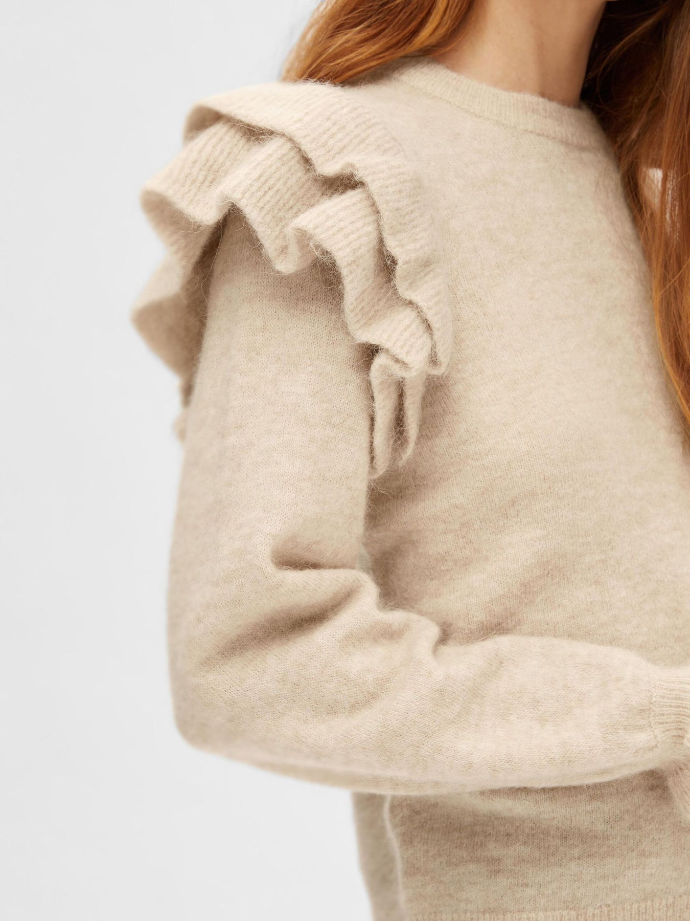 Lulu Ls Knit Shoulder Frills O-Neck - Birch Melange
