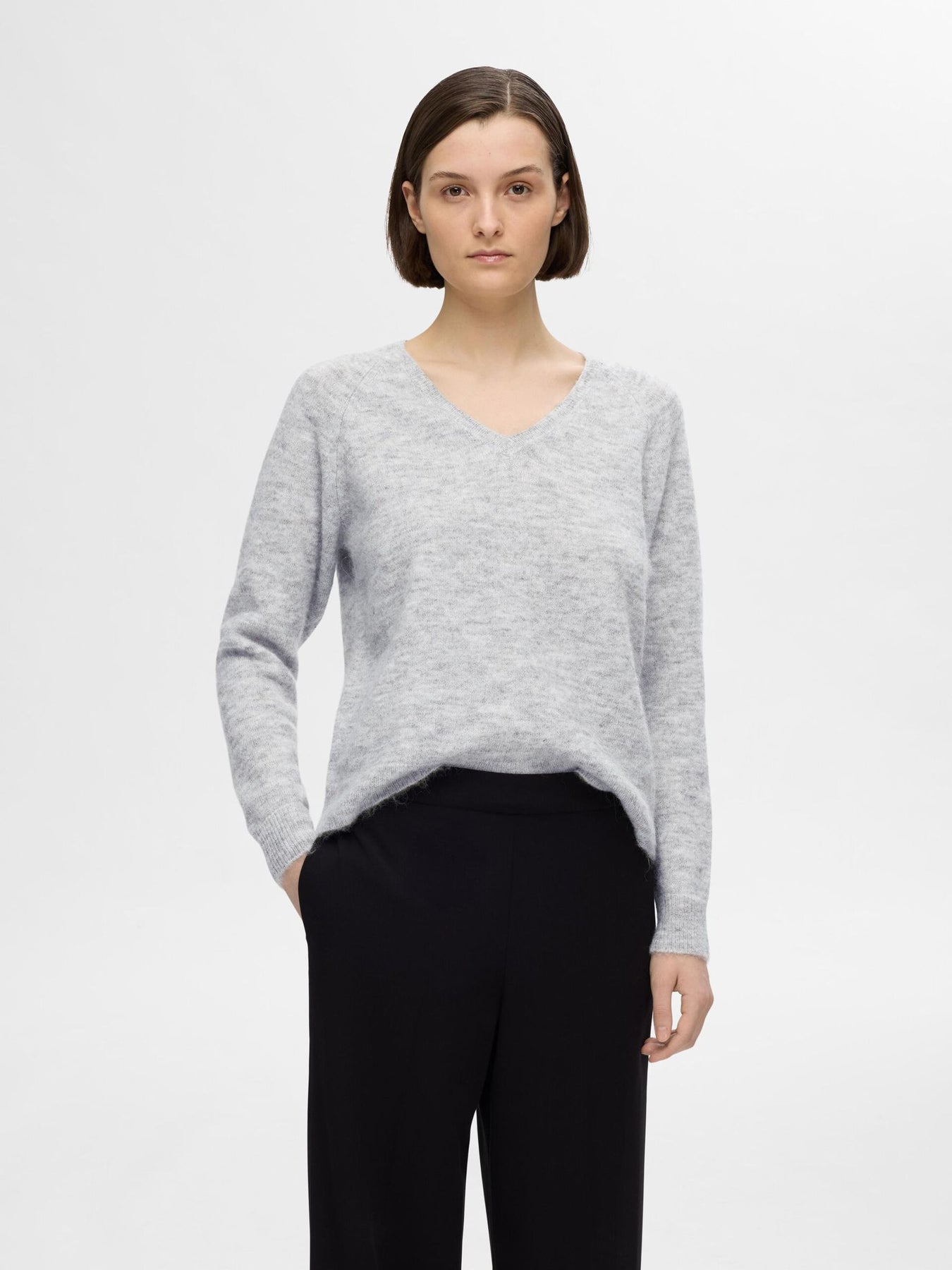 Lulu New Ls Knit V-Neck - Ljusgrå Melange