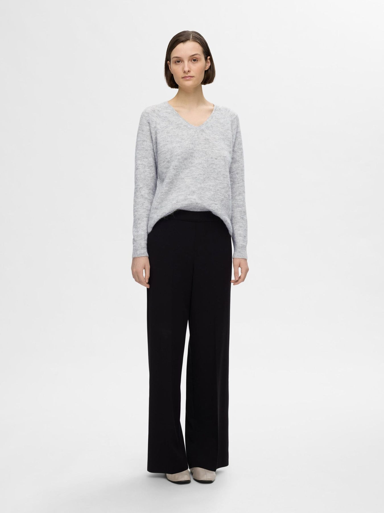 Lulu New Ls Knit V-Neck - Ljusgrå Melange