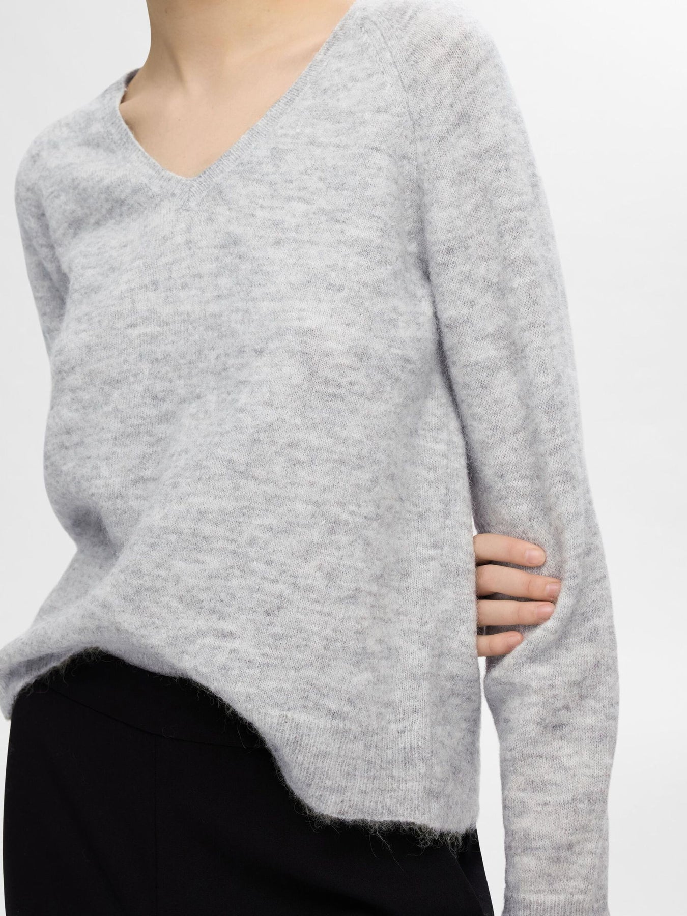 Lulu New Ls Knit V-Neck - Ljusgrå Melange