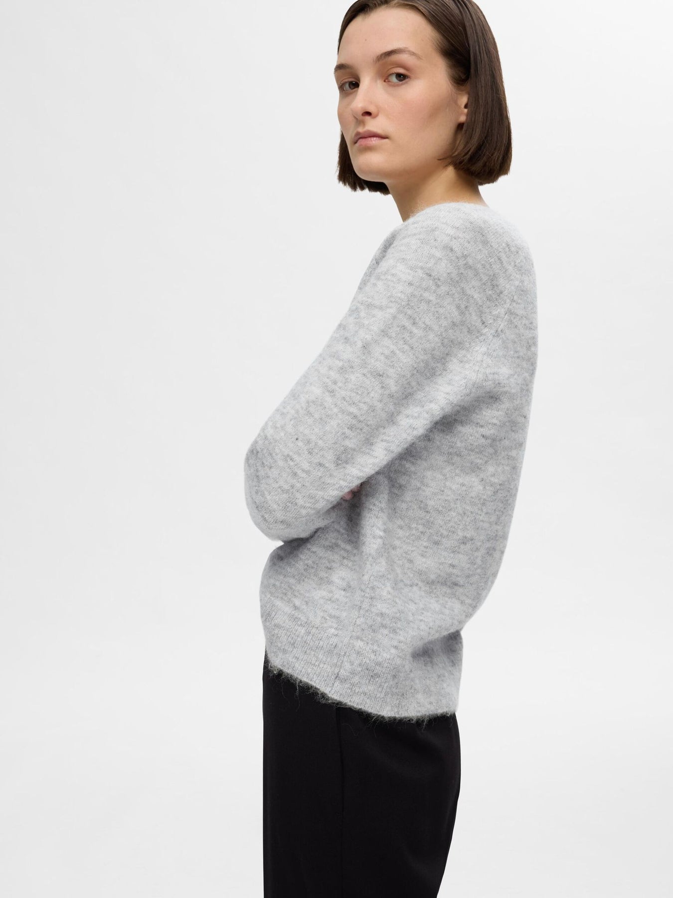 Lulu New Ls Knit V-Neck - Ljusgrå Melange