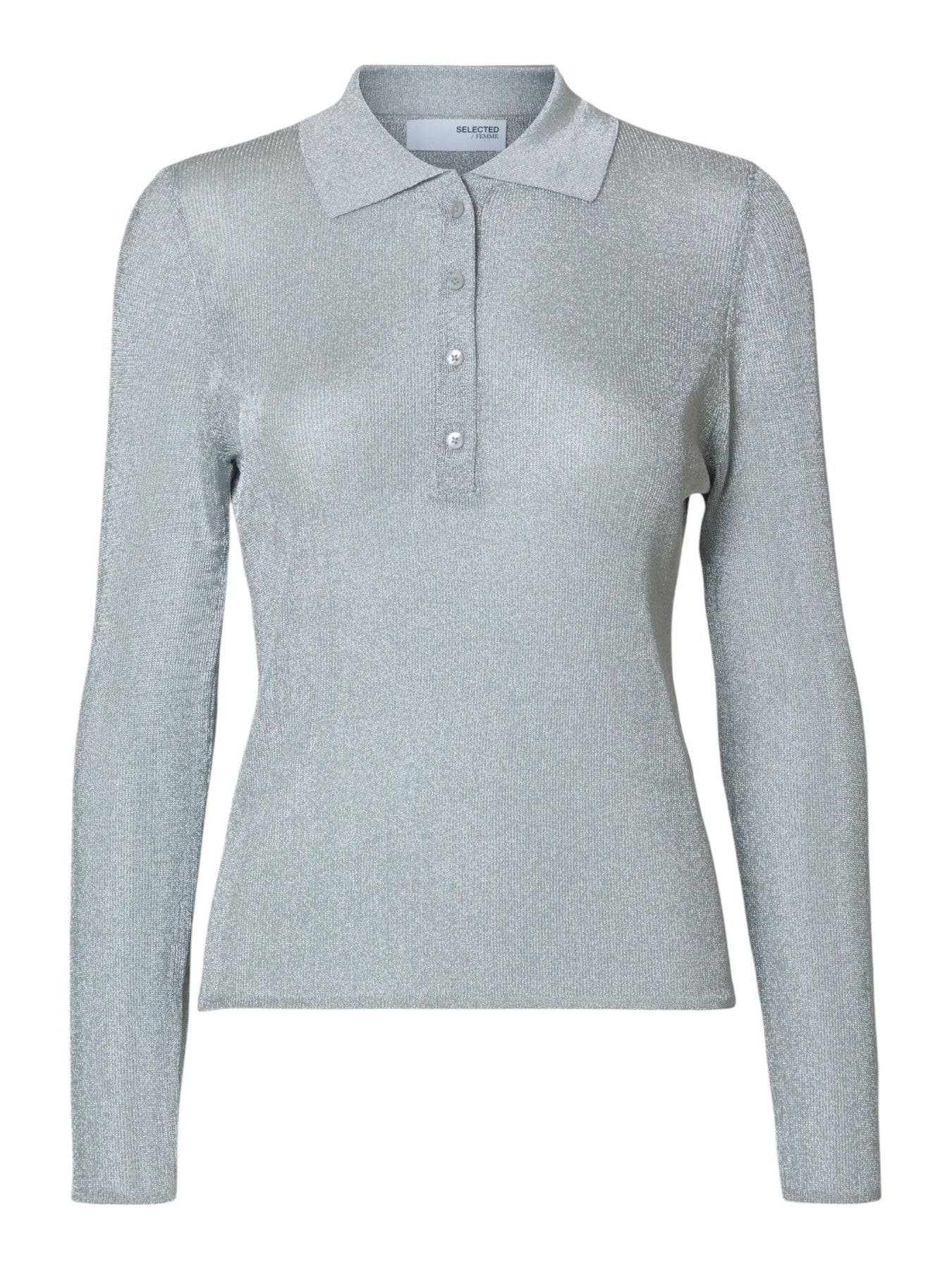 Dagni Ls Knit Polo Neck - Silver Metallic