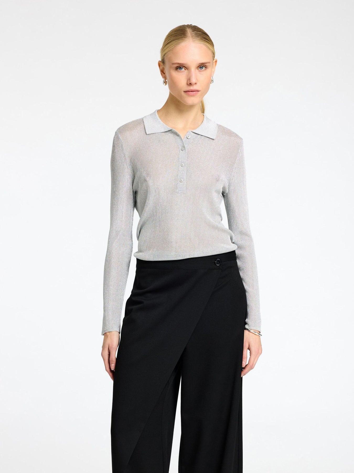 Dagni Ls Knit Polo Neck - Silver Metallic
