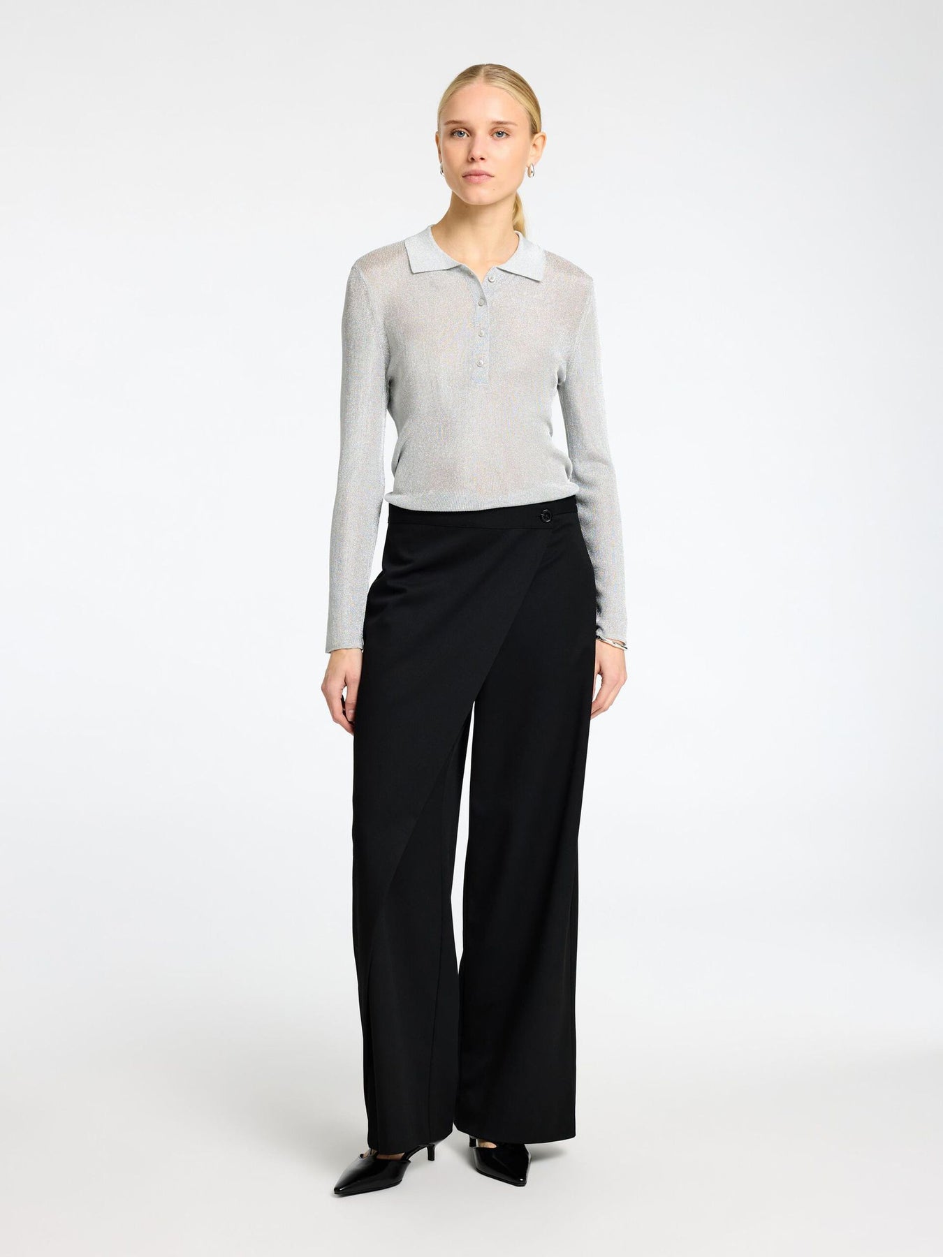Dagni Ls Knit Polo Neck - Silver Metallic